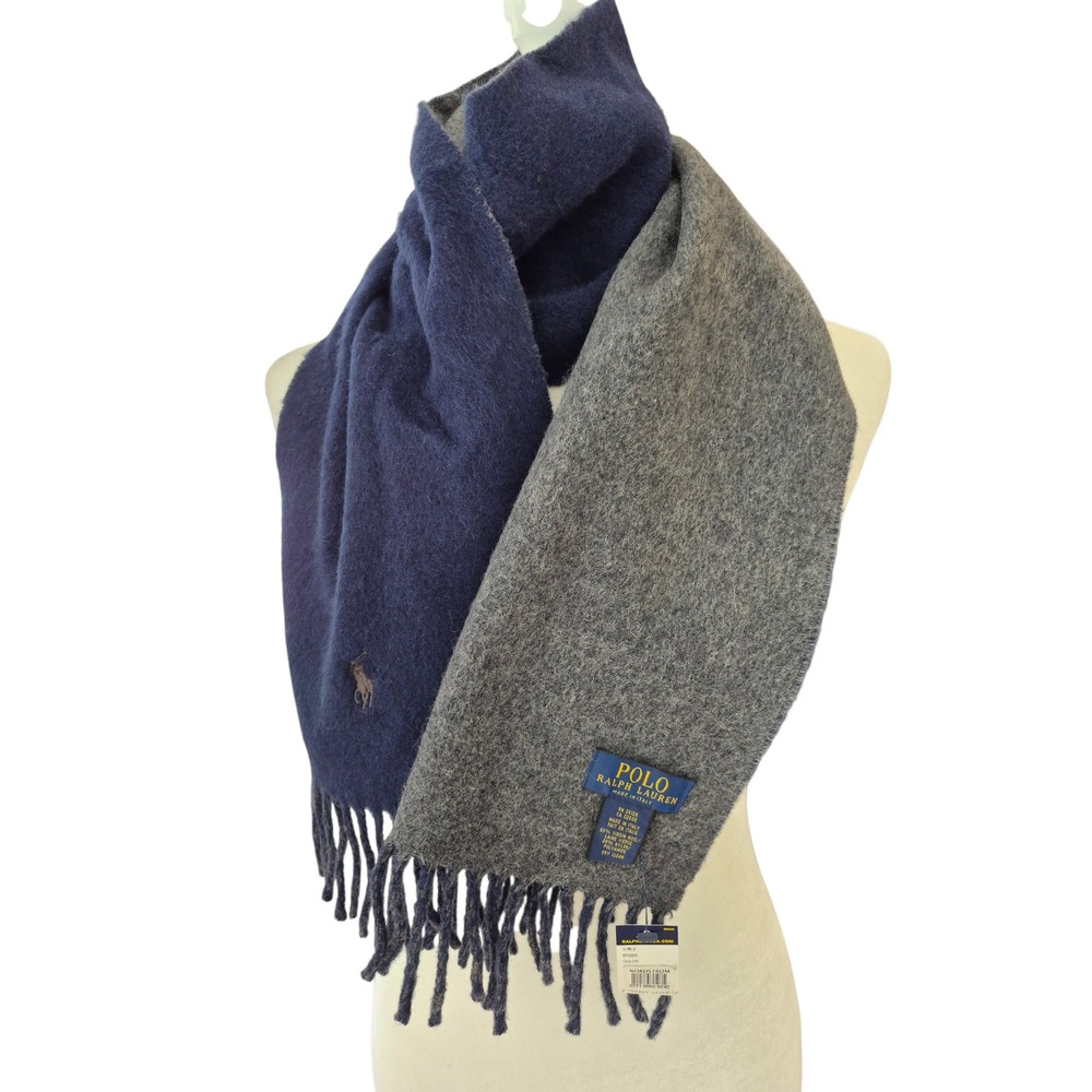 Polo Ralph Lauren Reversible Scarf Navy Blue Grey Virgin Wool ITALY 6F0205 NEW - Picture 3 of 10